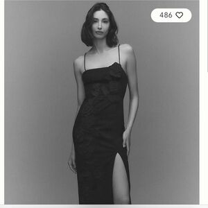 BHLDN Black Sleeveless 3D Floral Side-Slit Column Midi Dress